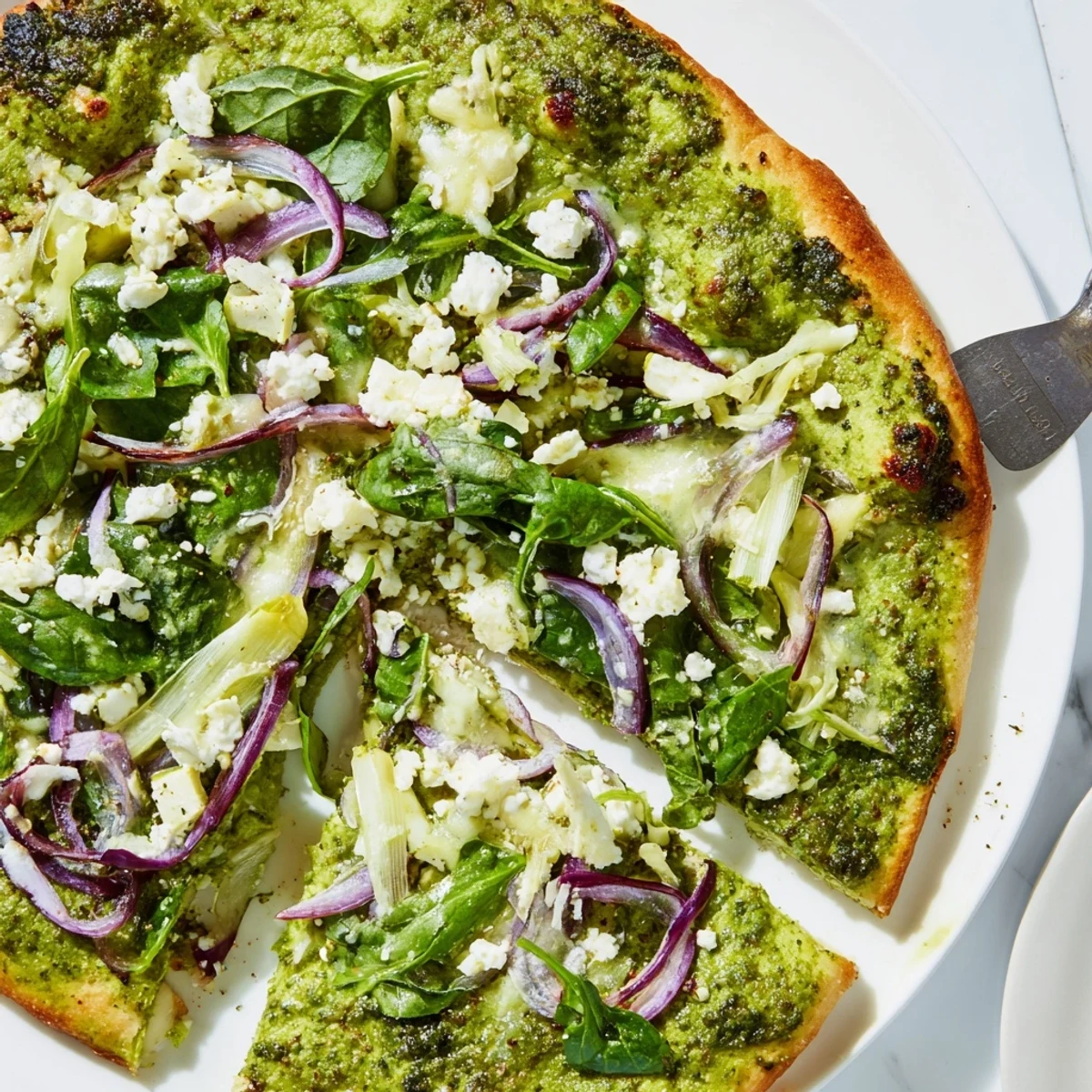 Vibrant green pizza topped with zesty broccoli pesto, melted mozzarella, and fresh arugula