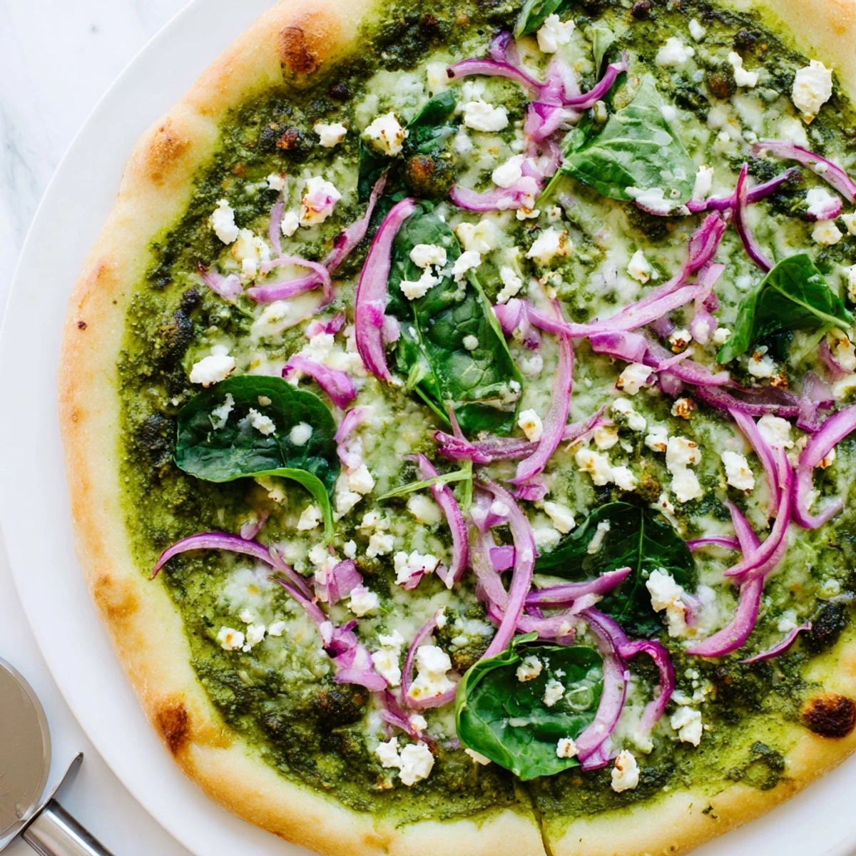 Savory vegetarian green pizza featuring creamy broccoli pesto and fresh basil garnish