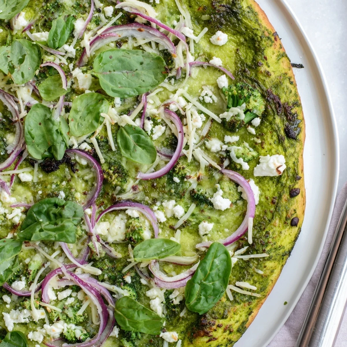 Homemade broccoli pesto pizza with golden bubbly cheese, spinach, and thinly sliced red onion