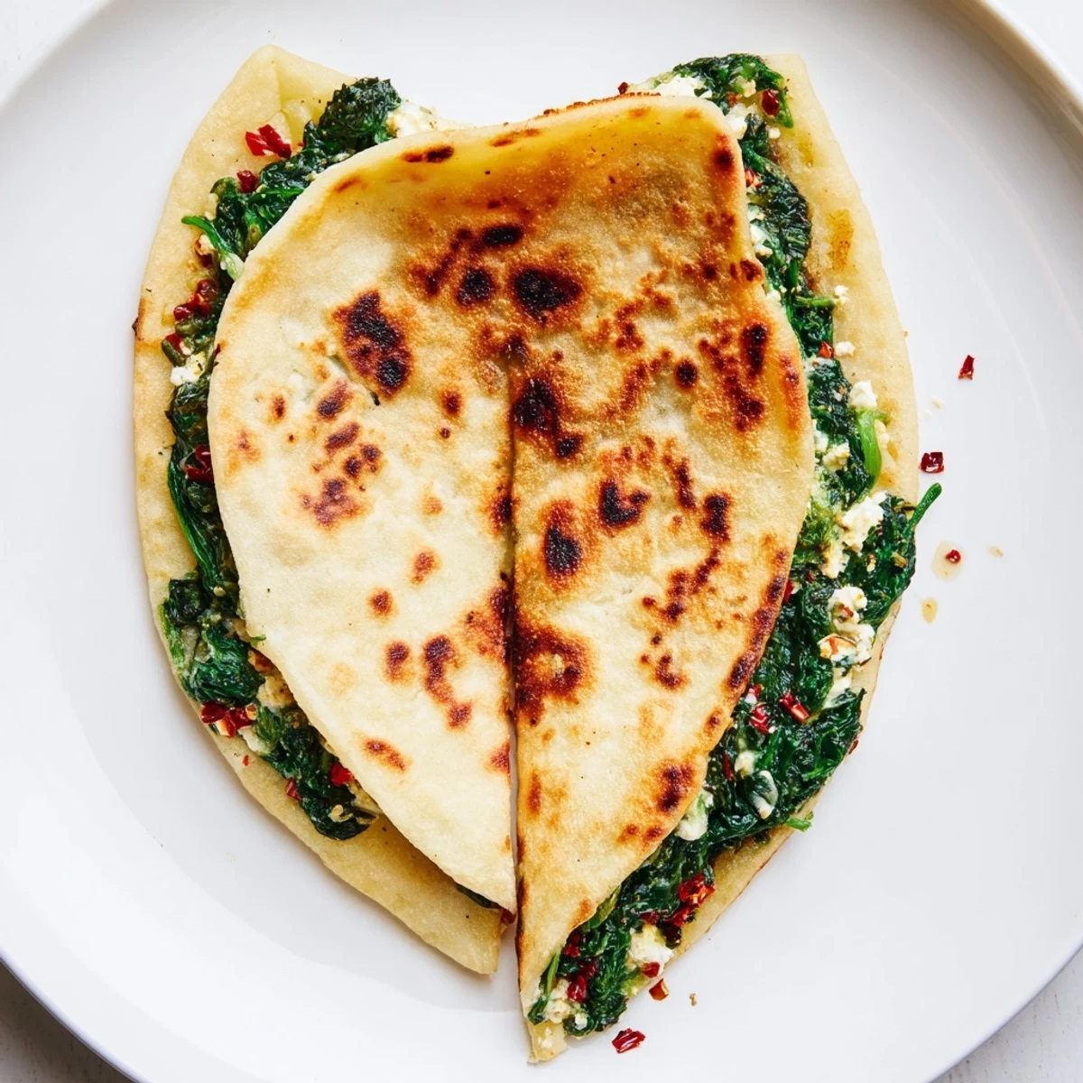 Golden brown Turkish Gozleme stuffed with fresh spinach and crumbled feta on a wooden board