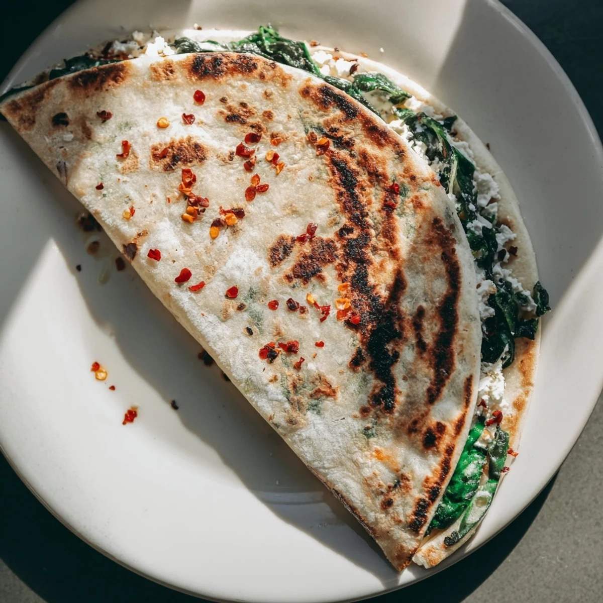 Crispy spinach feta Turkish Gozleme flatbread folded with savory filling and served warm