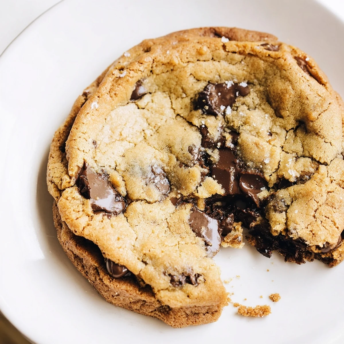 Thick soft chewy chocolate chip cookies piled high on a wooden board with pools of semisweet chocolate
