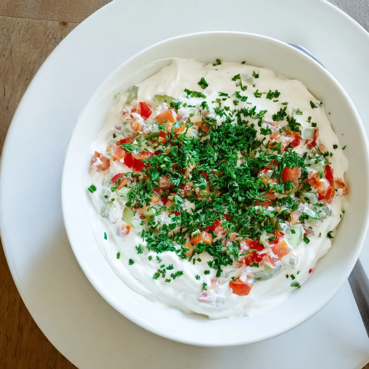 Close-up of zesty Grillos Pickle De Gallo Ranch dip showing chunky pico de gallo texture and garnished with fresh dill sprigs