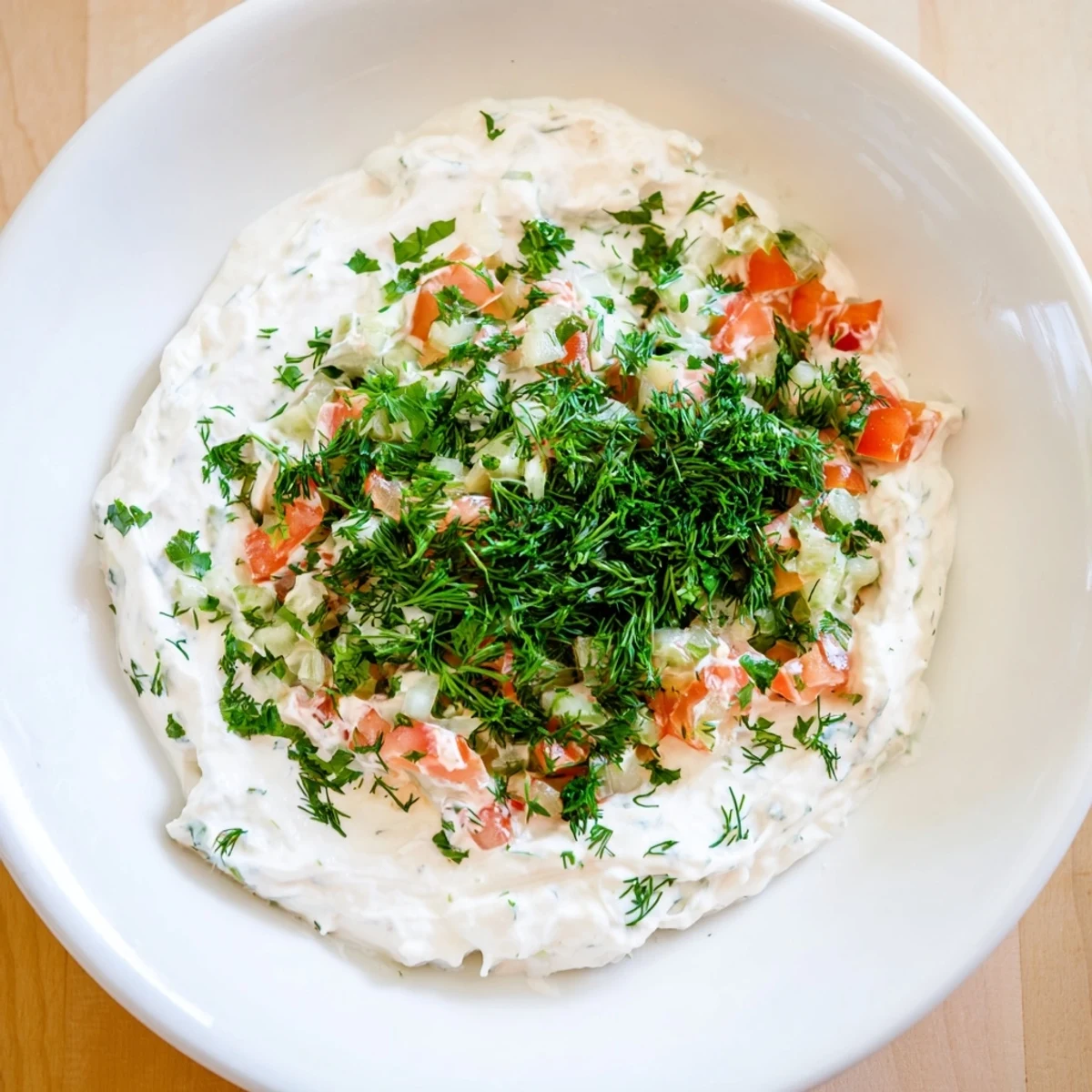 Thick white Grillos Pickle De Gallo Ranch Dip topped with chopped fresh herbs and served alongside crispy potato chips and carrot sticks