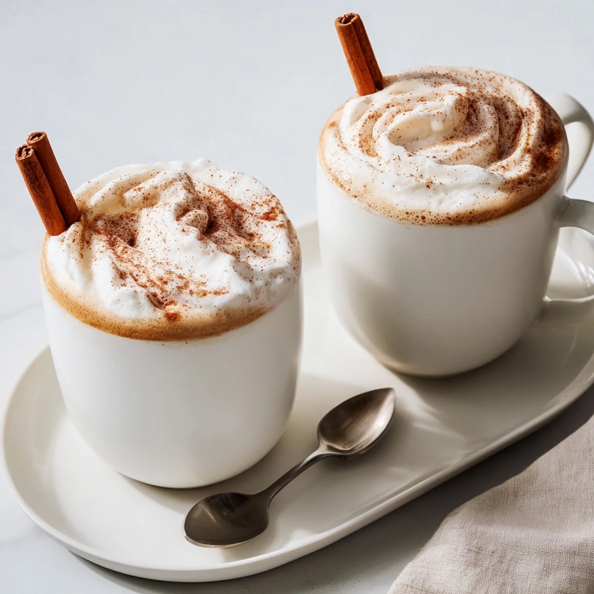 Steaming Cozy Winter Lattes in ceramic mugs, topped with whipped cream