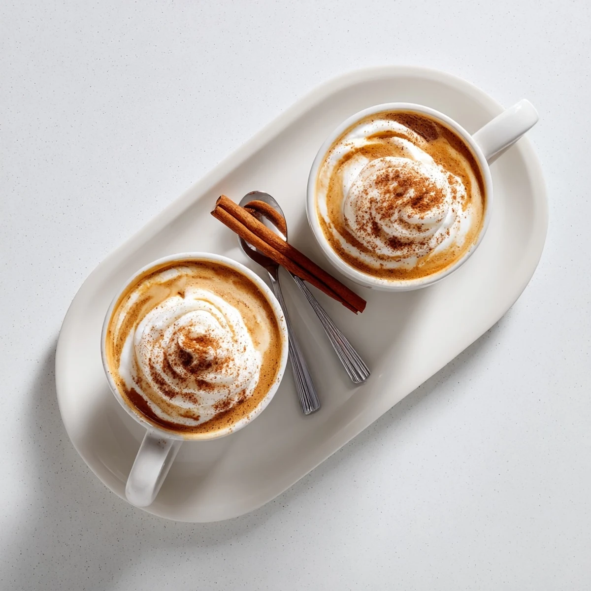 Warm Cozy Winter Lattes frothed with maple sweetened milk, garnished with cinnamon stick