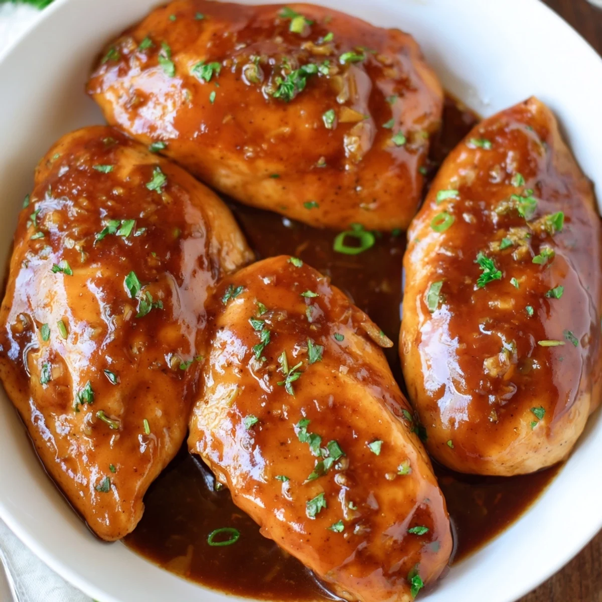 Warm Slow Cooker Brown Sugar Garlic Chicken, shredded and tender, topped with parsley.