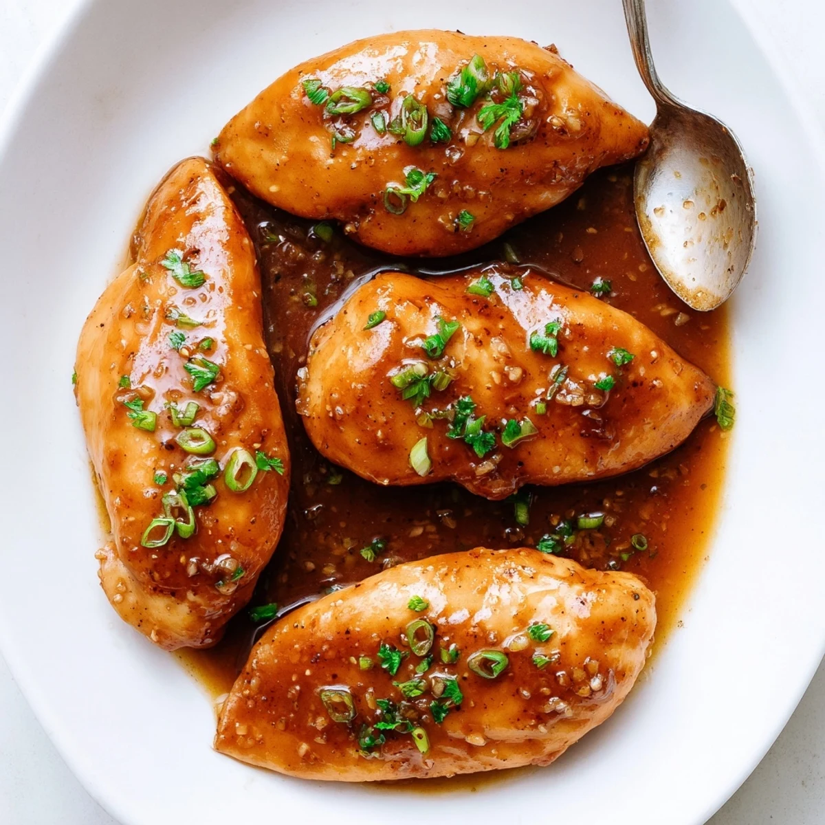Slow Cooker Brown Sugar Garlic Chicken glistening in sticky sauce, served over rice.