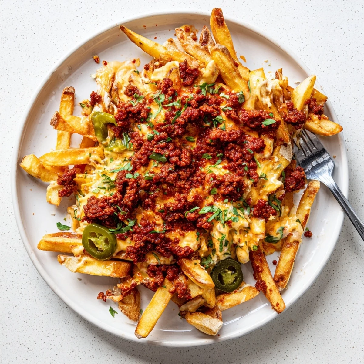 Chorizo Queso Dip Fries smothered in creamy queso, smoky chorizo, garnished with cilantro
