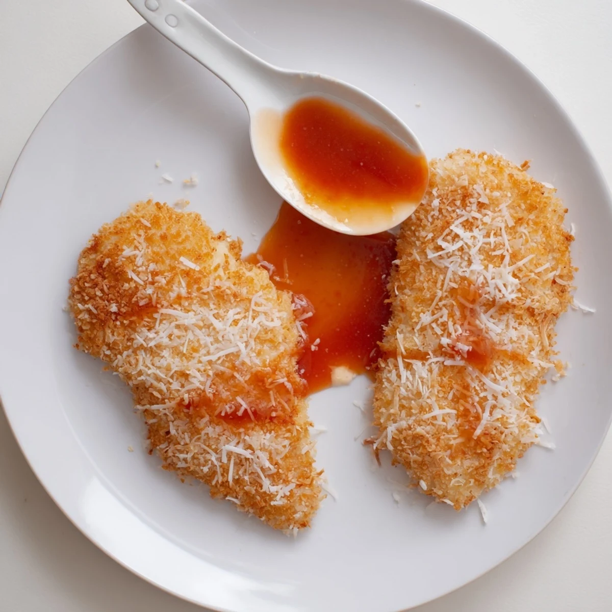 Coconut Chicken With Apricot Sauce, golden crisp exterior, glossy apricot glaze drizzle