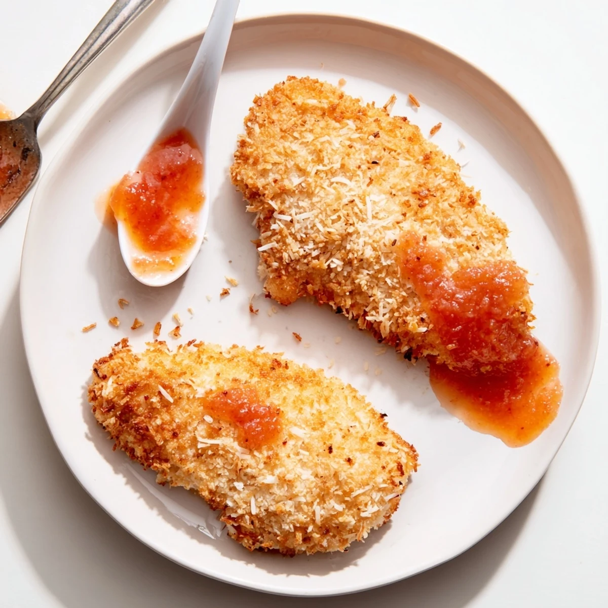 Pan-fried Coconut Chicken With Apricot Sauce resting on jasmine rice, steam rising