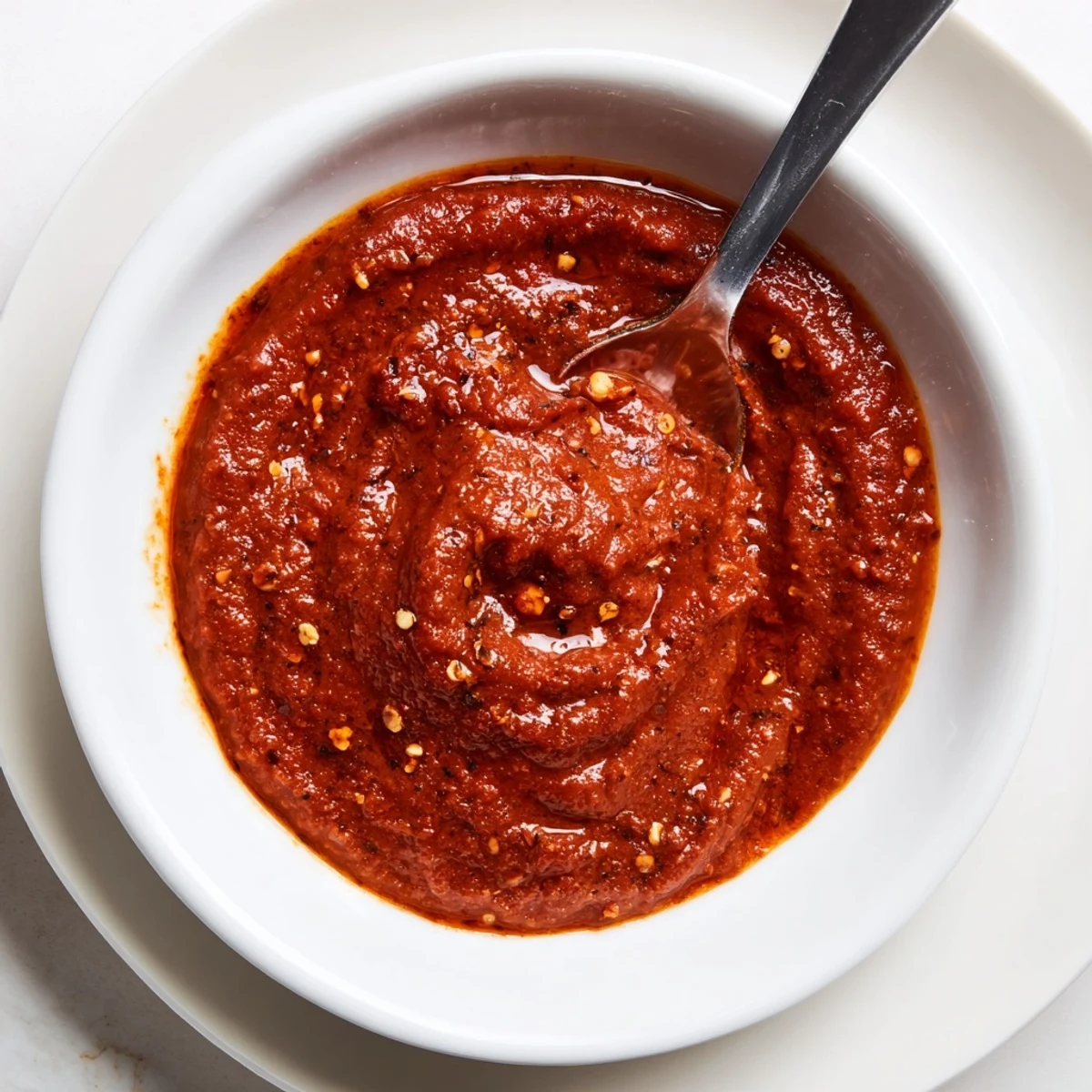 Creamy Sun Dried Tomato Sauce in bowl, savory, herb flecks visible