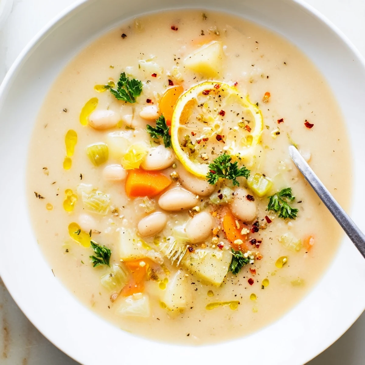 Cozy Lemon White Bean Potato Soup steaming in bowl, garnished with parsley