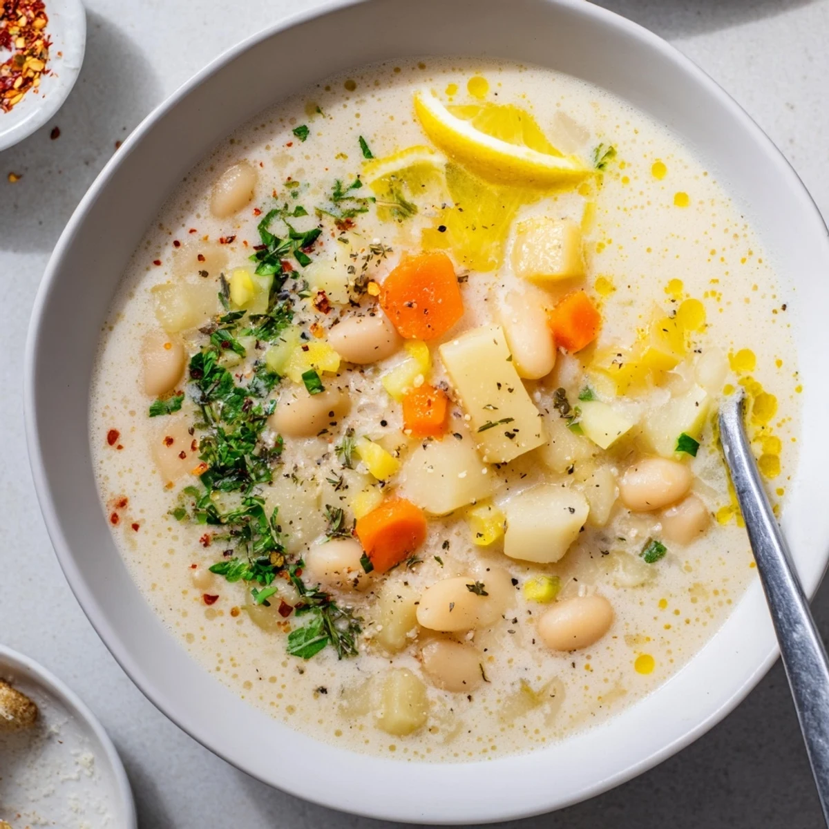 Creamy Cozy Lemon White Bean Potato Soup ladled over crusty bread