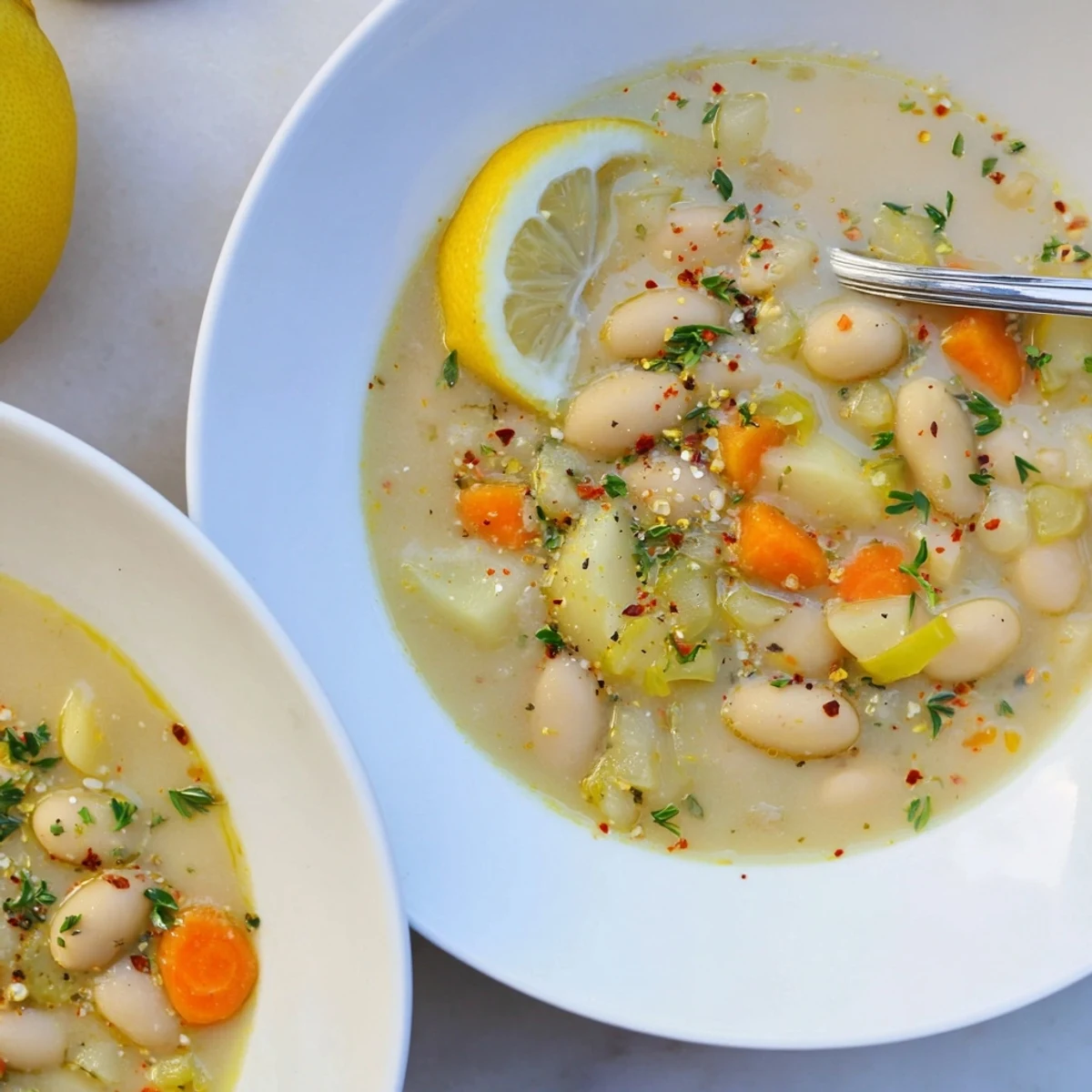 Velvety bowl of Cozy Lemon White Bean Potato Soup with lemon zest