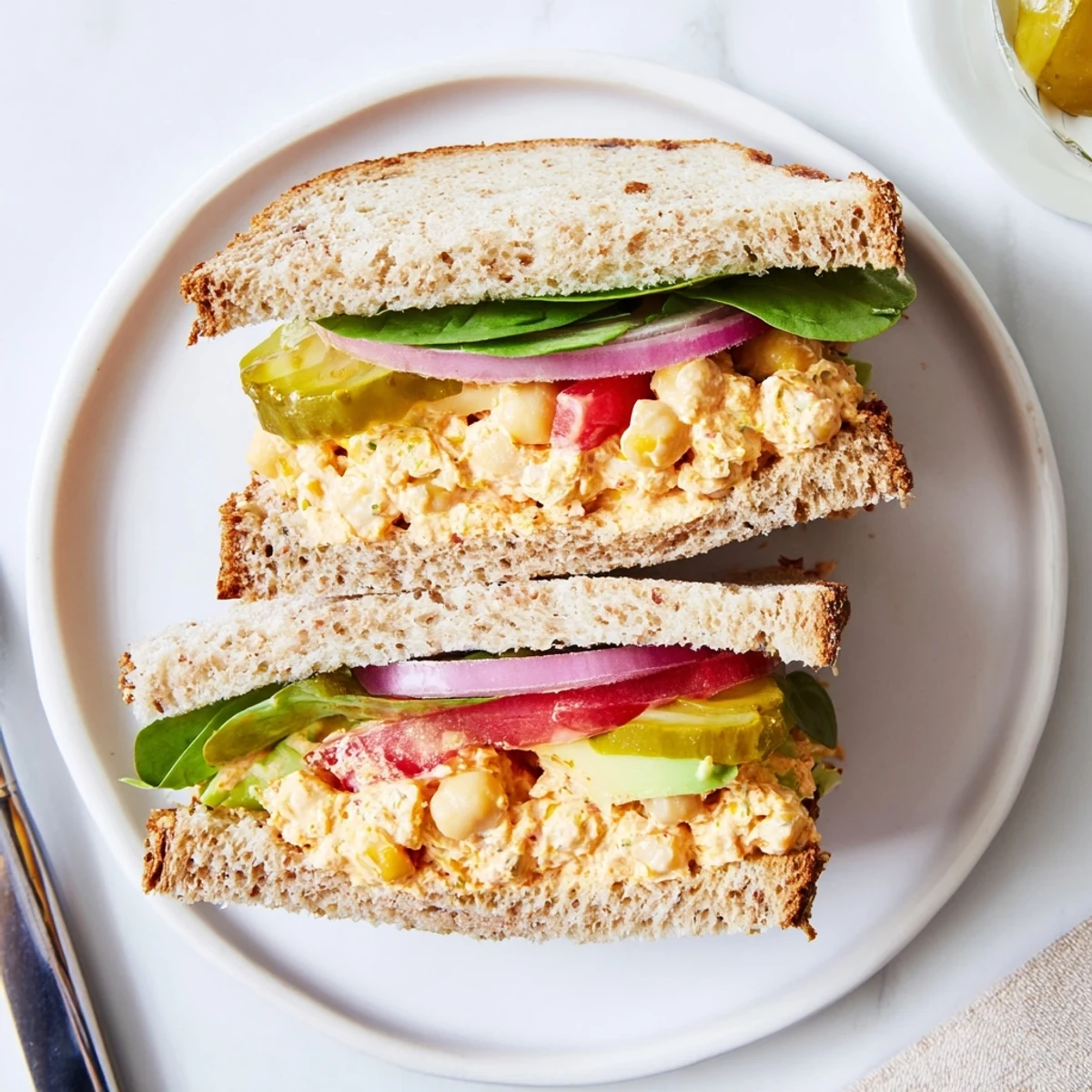 Toasted Smoky Chickpea Sandwich piled with crisp spinach, red onion, pickles