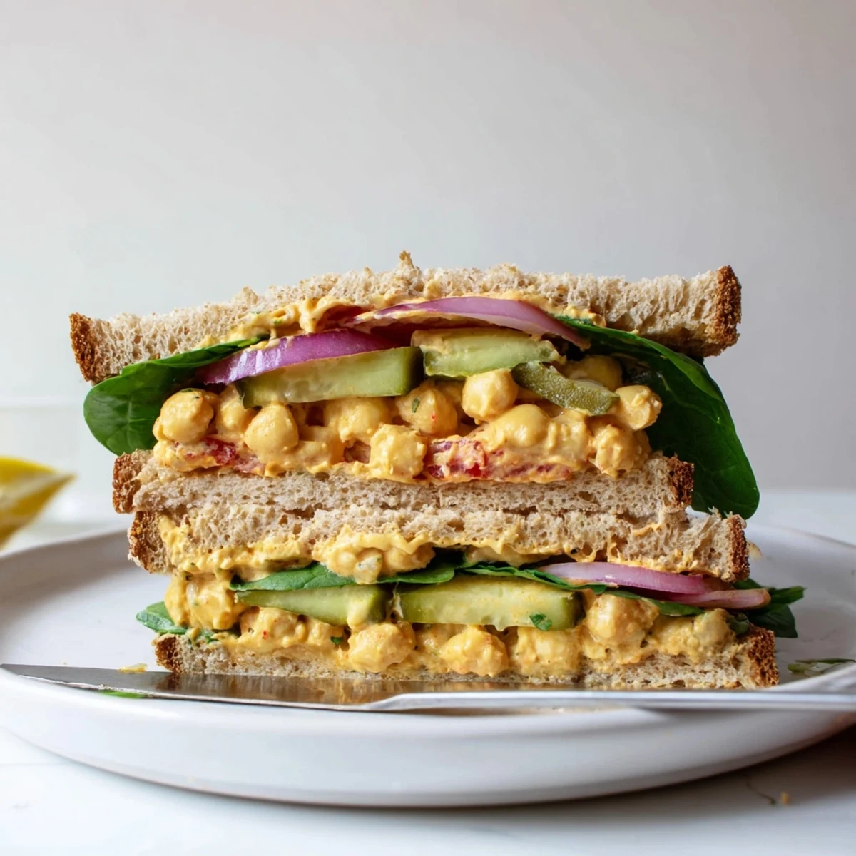 Smoky Chickpea Sandwich with creamy tangy filling, toasted sourdough and tomato