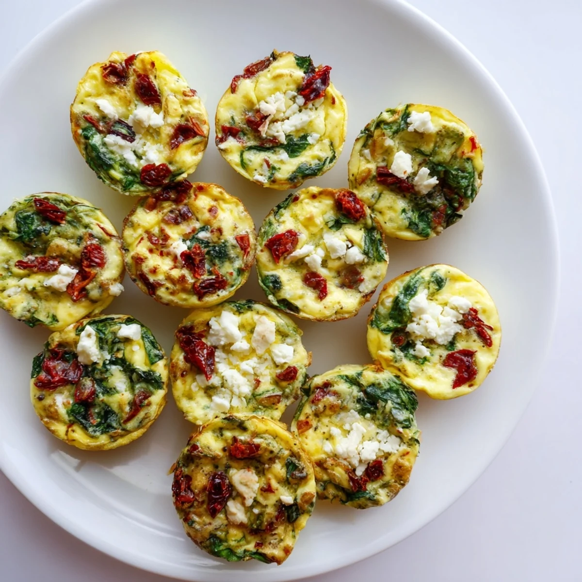 Golden spinach feta and sun dried tomato egg muffin cups fresh from the oven, ready for breakfast.