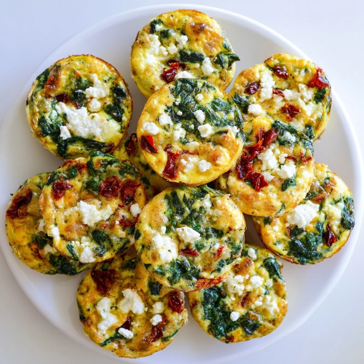 Mediterranean-inspired egg muffin cups with vibrant spinach, crumbled feta, and sun dried tomatoes in a muffin tin.