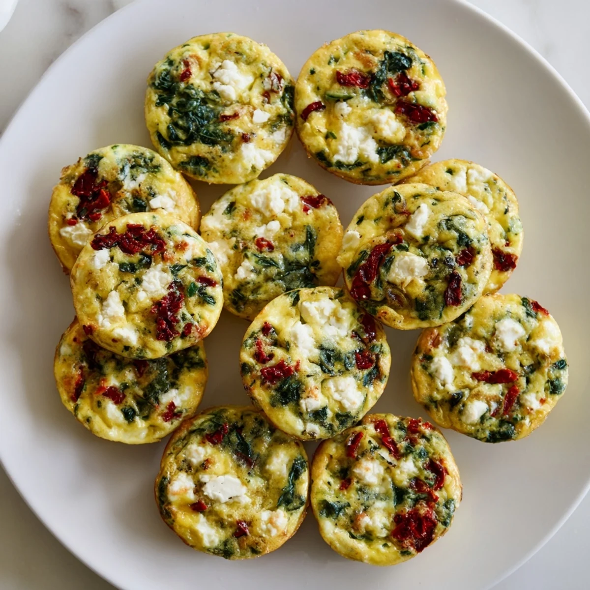 Fluffy baked egg muffin cups packed with fresh spinach, tangy feta cheese, and savory sun dried tomatoes.