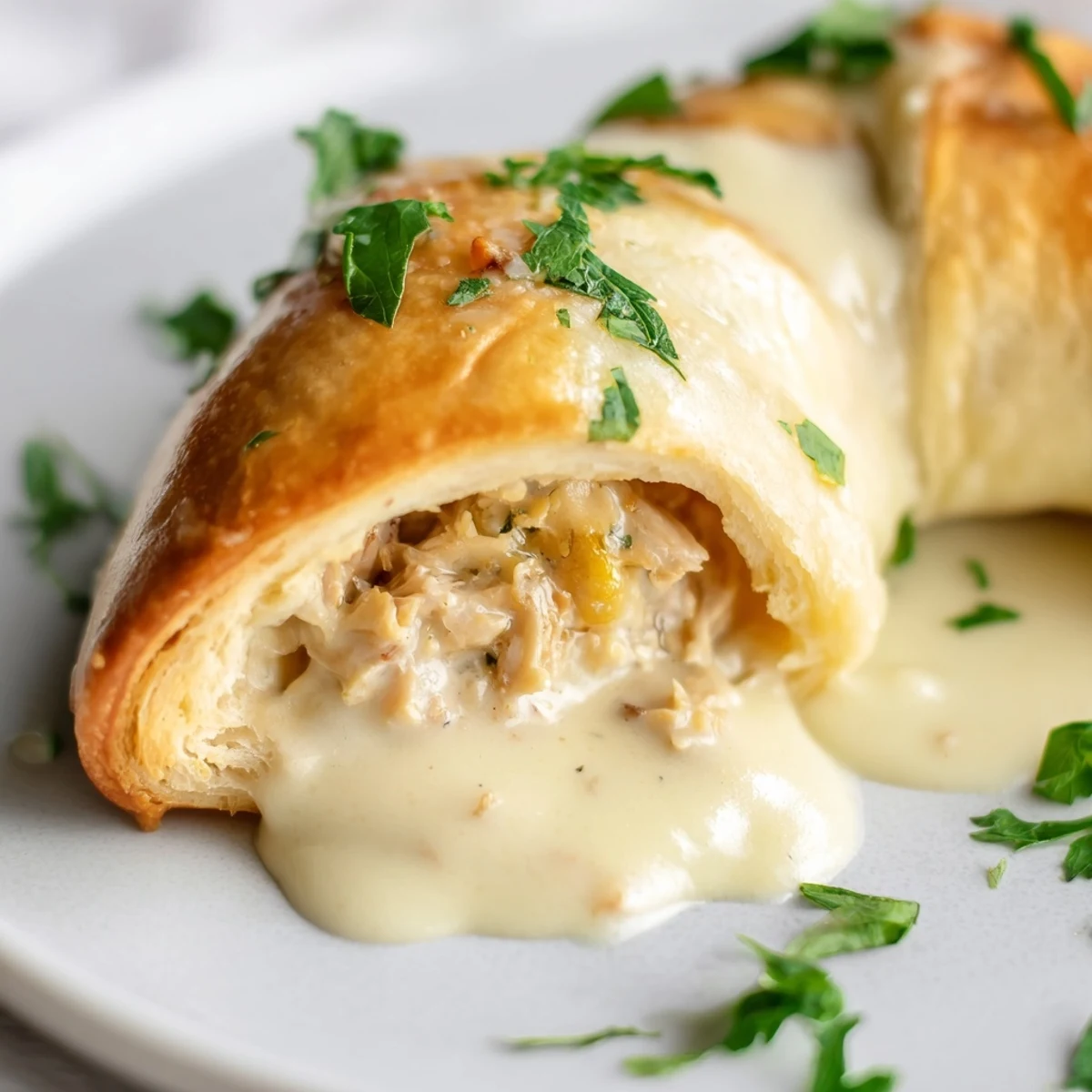 Comforting chicken pillows baked until golden brown served over smooth garlic parmesan sauce
