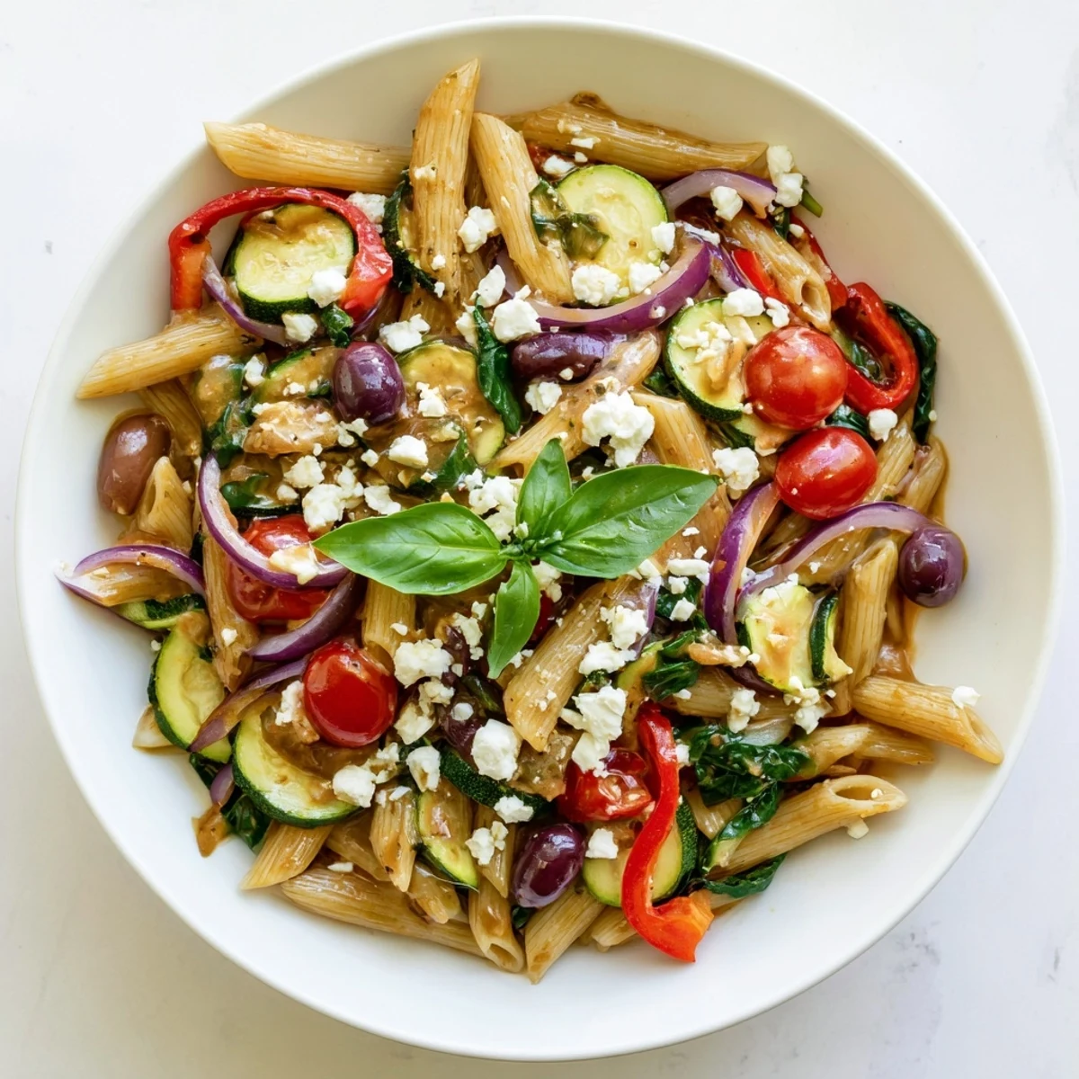 Steaming bowl of Mediterranean one pot pasta with colorful vegetables and crumbled feta cheese