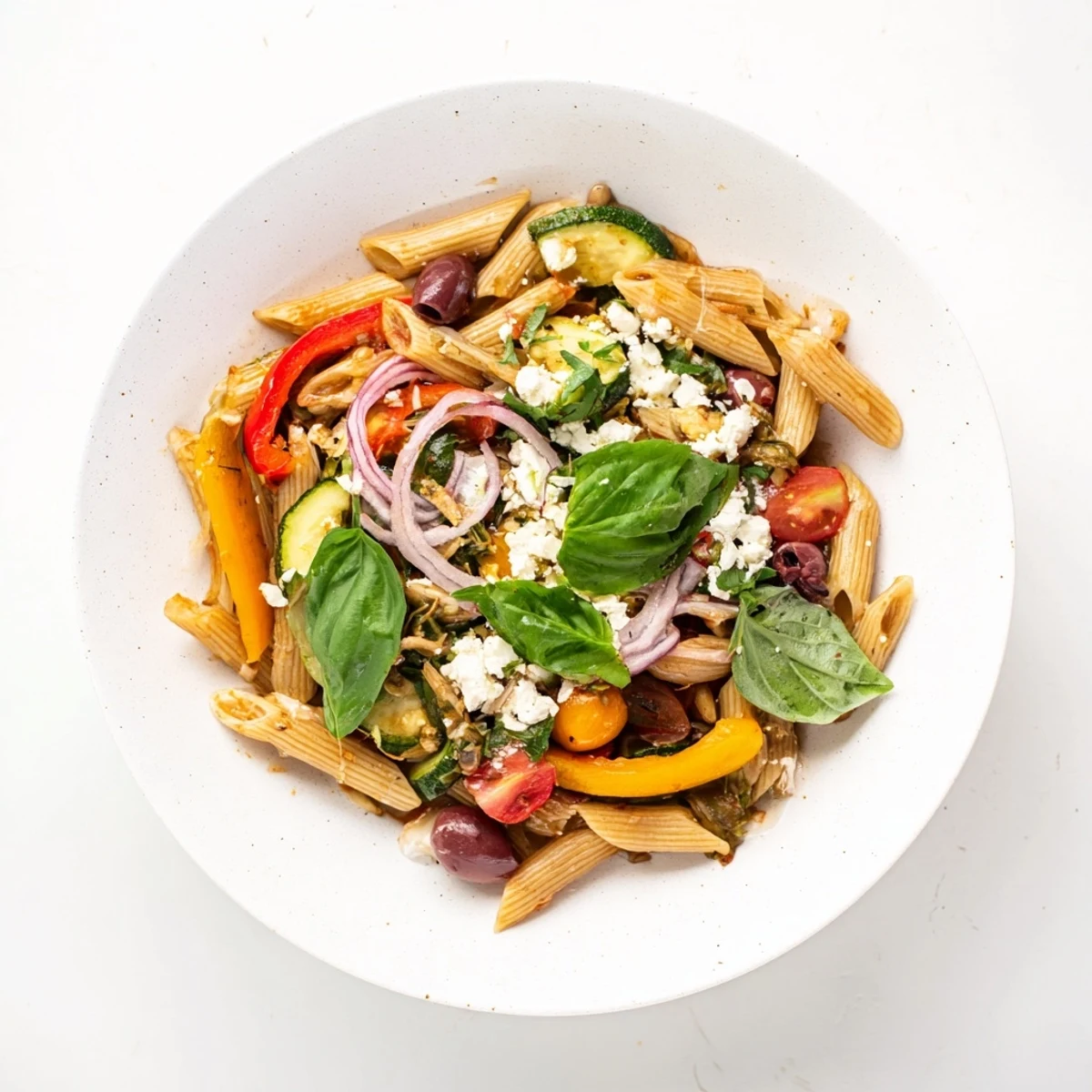 Close-up of Mediterranean one pot pasta featuring cherry tomatoes, olives, and fresh basil garnish