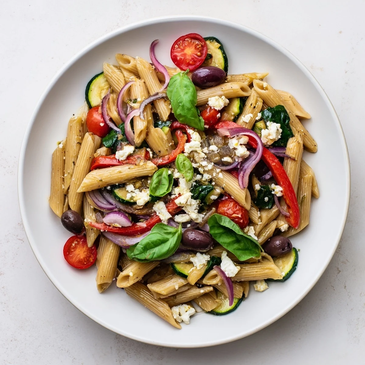 Rustic Mediterranean one pot pasta in a white bowl topped with spinach and feta crumbles