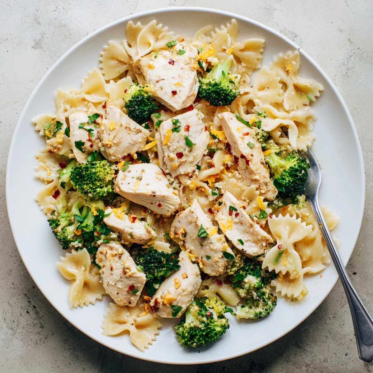Golden sliced chicken resting on lemony bowtie pasta topped with melting zesty cowboy butter and crisp green broccoli florets
