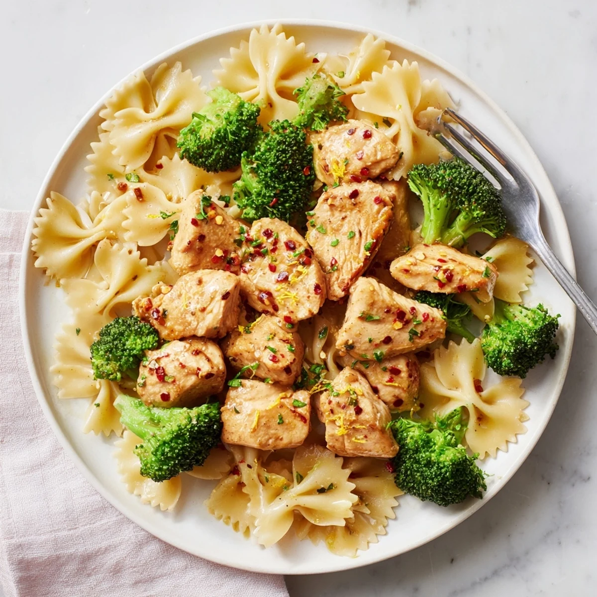 Juicy spice-rubbed chicken breasts drizzled with garlic herb cowboy butter served over bright lemon farfalle and tender crisp broccoli
