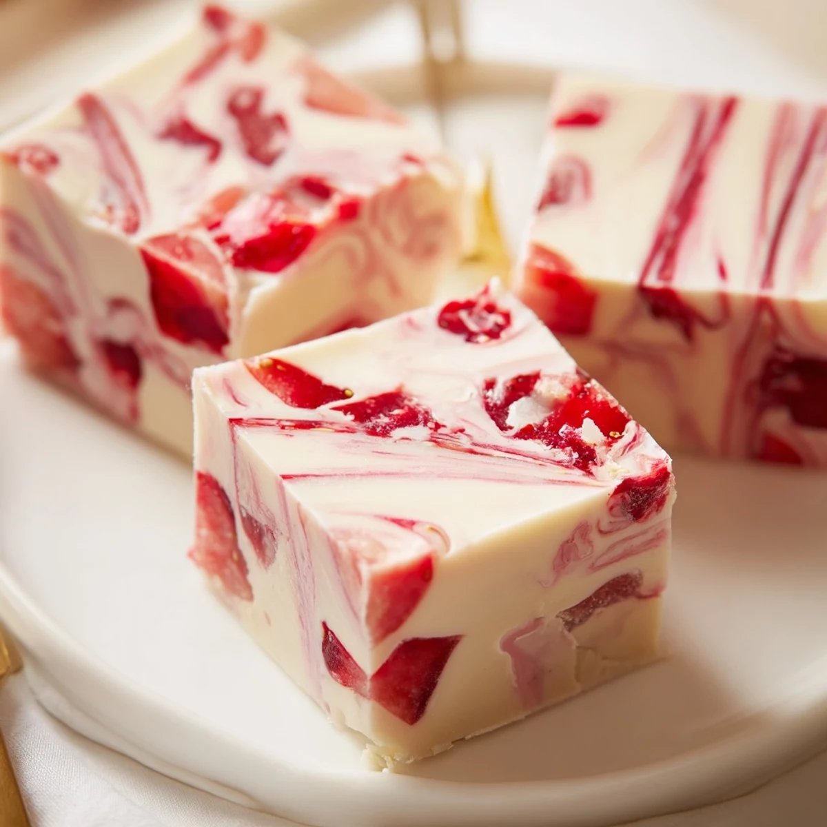 Chilled Strawberries Cream Fudge Delight squares with glossy strawberry cream swirls  