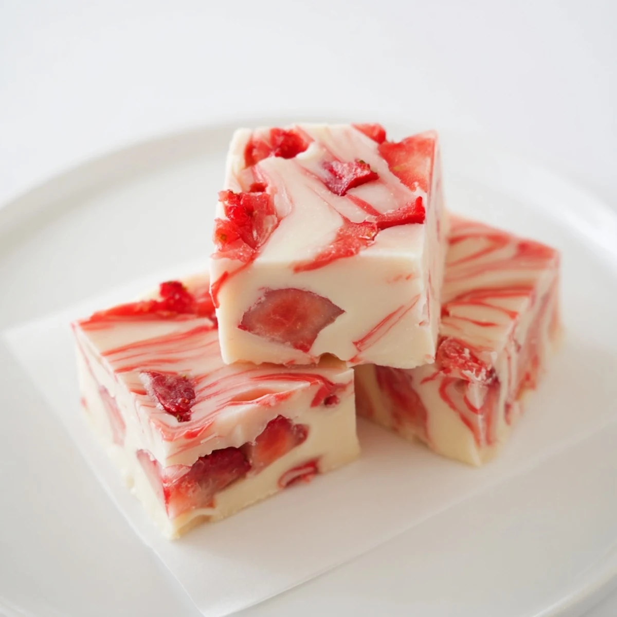 A bite-sized Strawberries Cream Fudge Delight on vintage plate, garnished with berries  