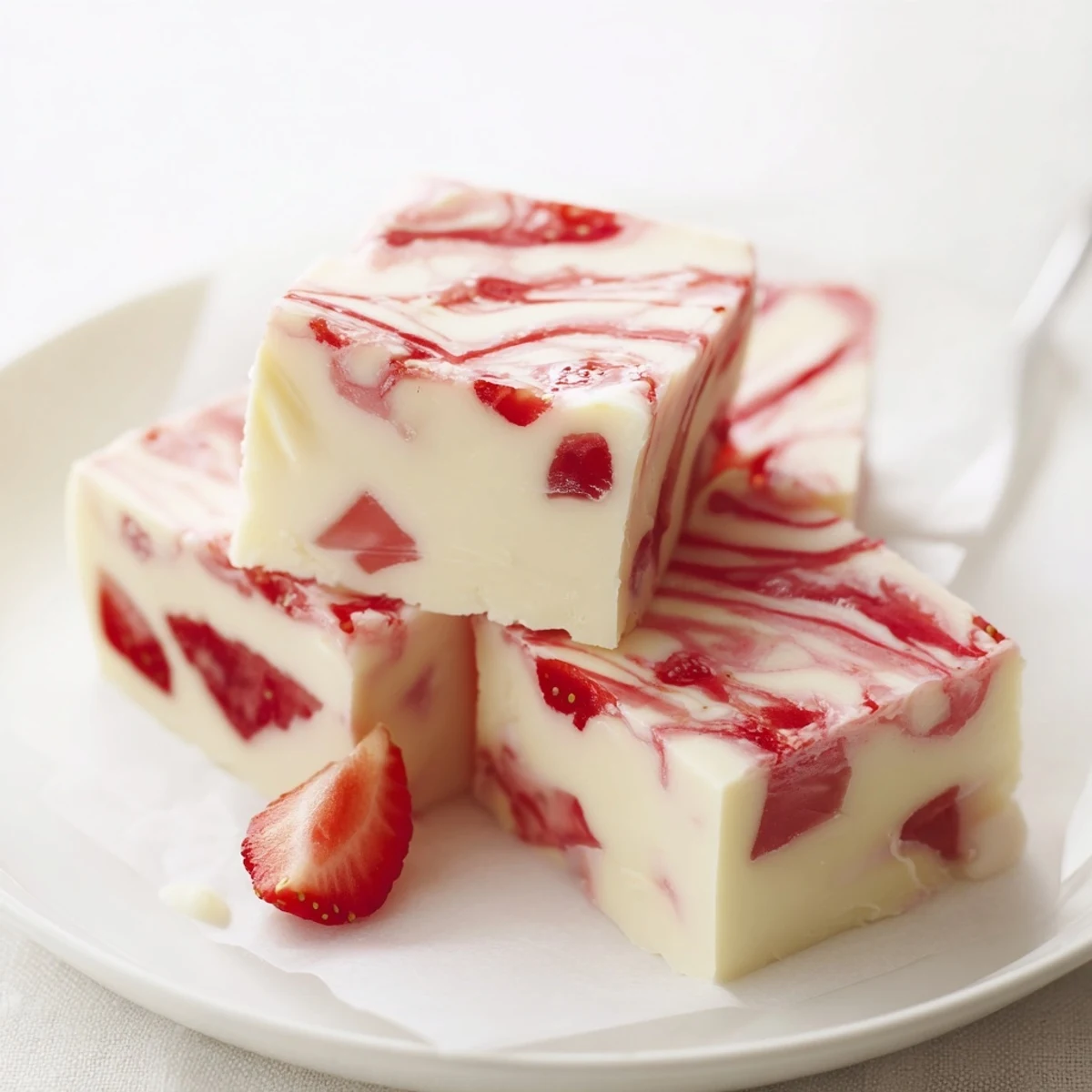 Close up of marbled Strawberries Cream Fudge Delight, chilled, cut into neat creamy squares
