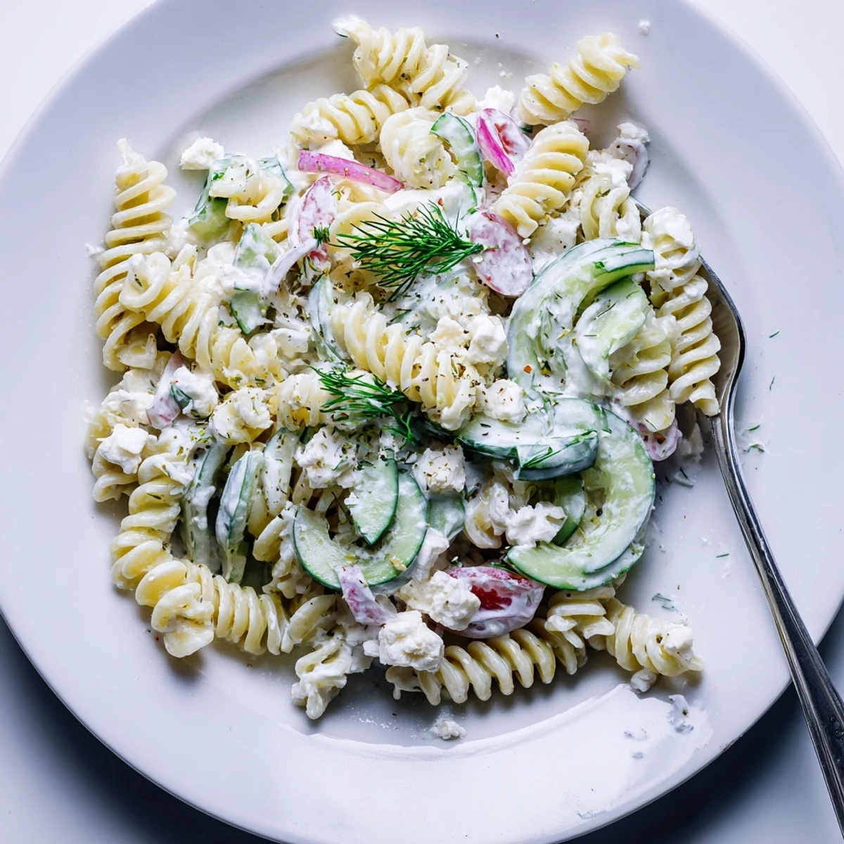 Tzatziki Pasta Salad Mix piled in bowl, creamy yogurt, cool cucumber
