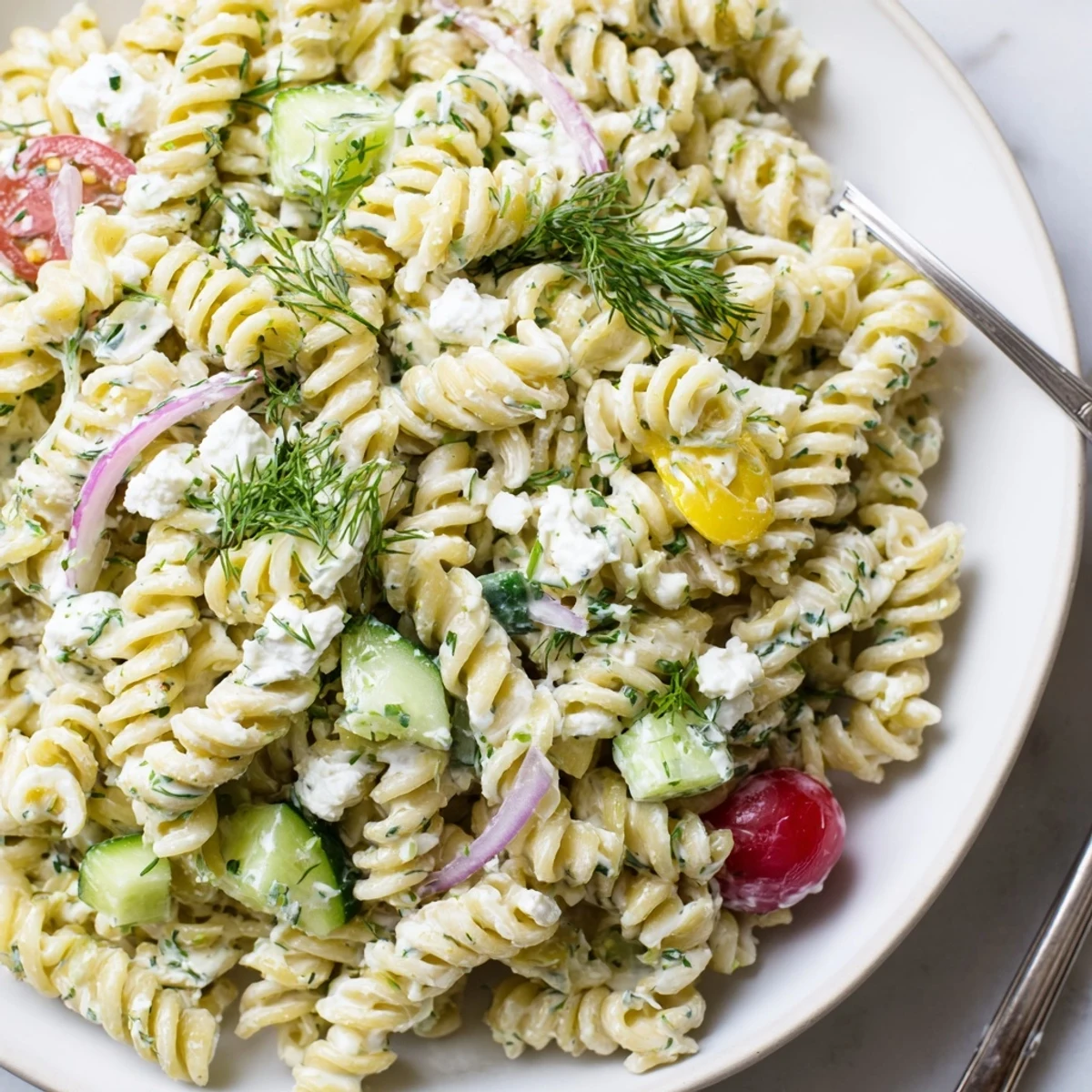 Perfect for picnics, Tzatziki Pasta Salad Mix tossed with Kalamata olives, lemon