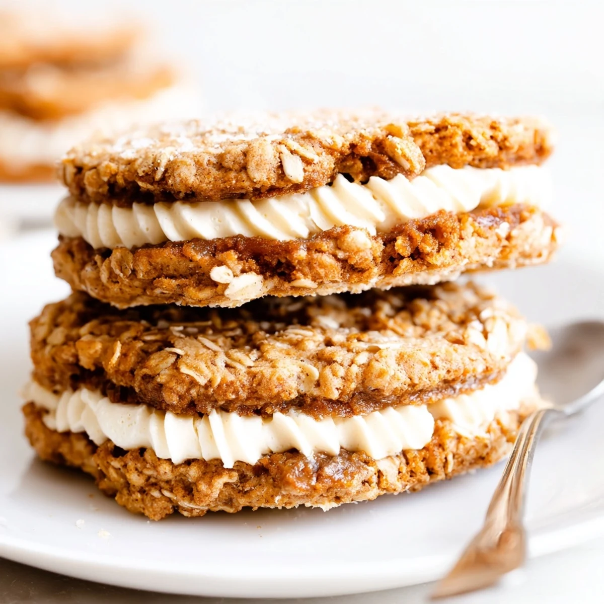 Gluten Free Oatmeal Creme Pies halved to show creamy center, perfect with milk.