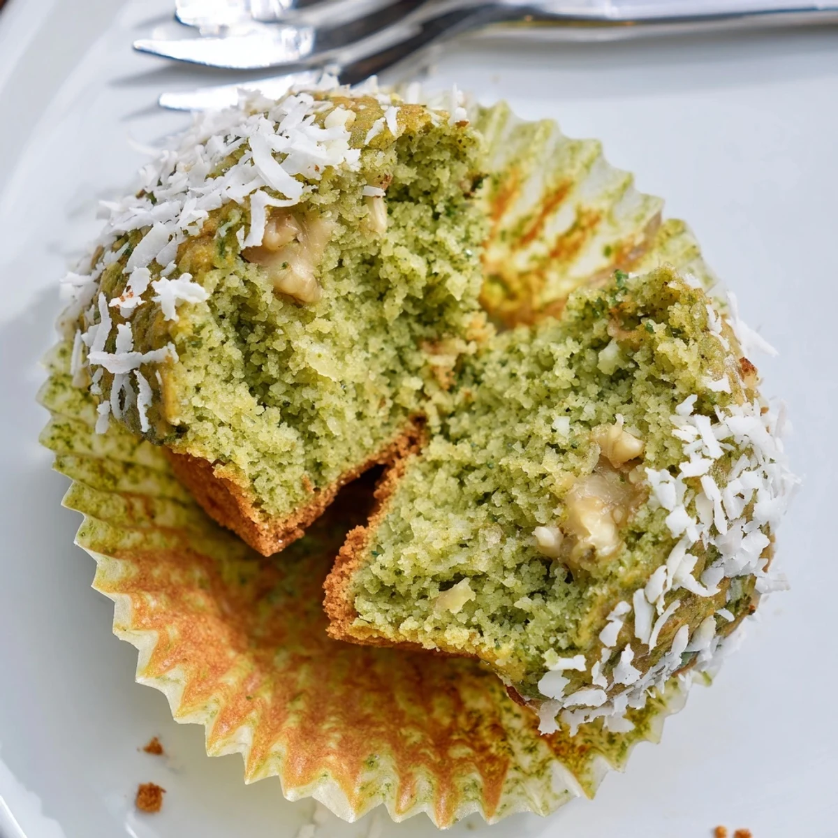 Warm Matcha Banana Coconut Muffins topped with toasted coconut, tender crumb.