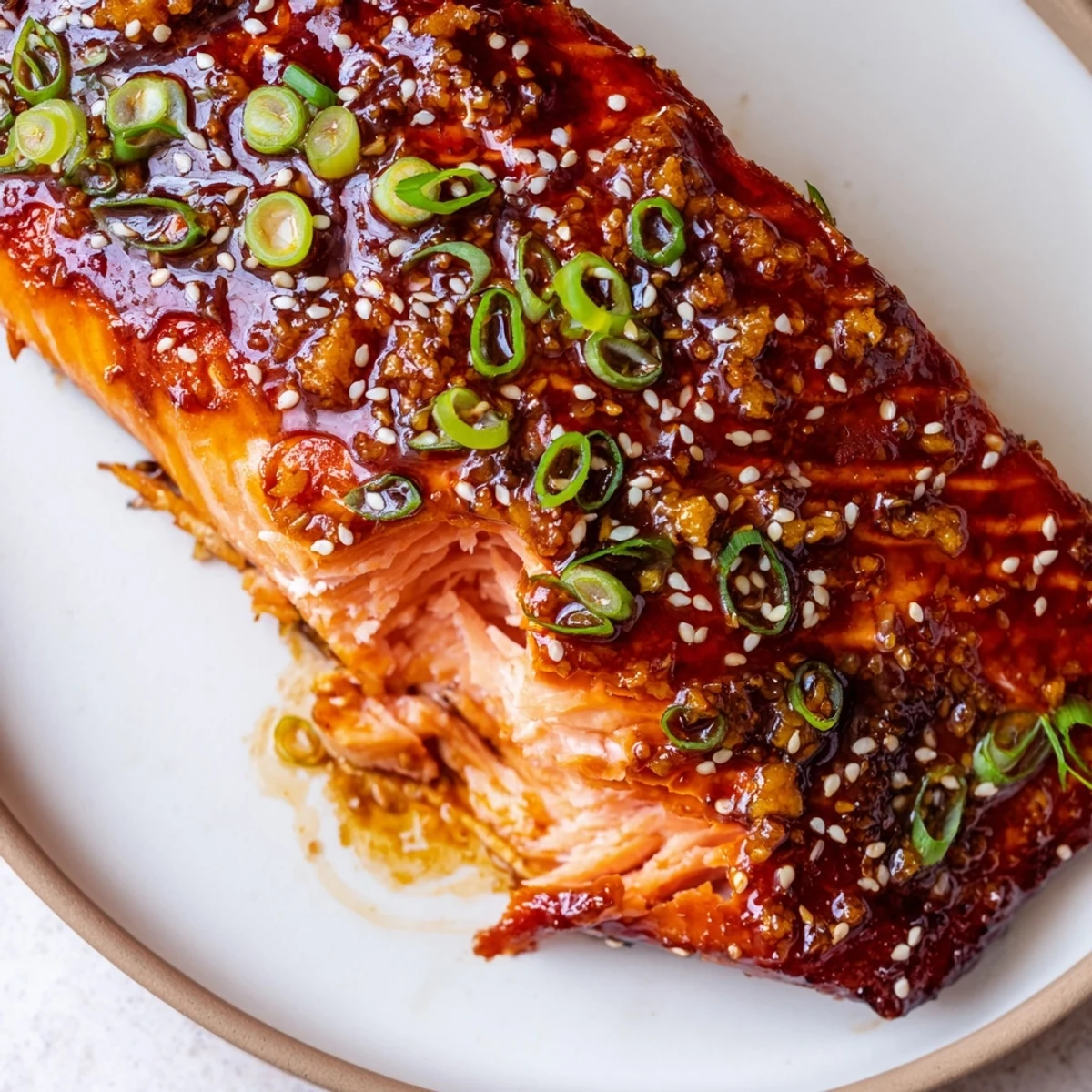 Glistening gluten free teriyaki salmon fillets drizzled with sauce and sprinkled sesame seeds