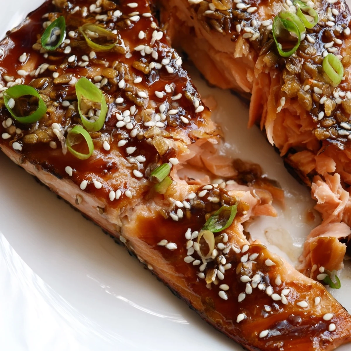 Caramelized gluten free teriyaki salmon served over fluffy white rice with green onions