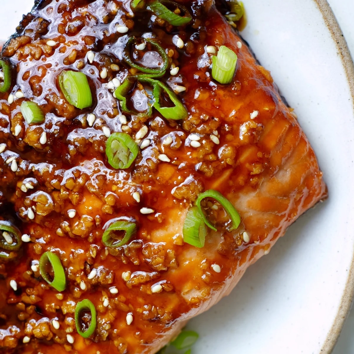 Perfectly baked gluten free teriyaki salmon with thick sticky glaze on a parchment-lined sheet