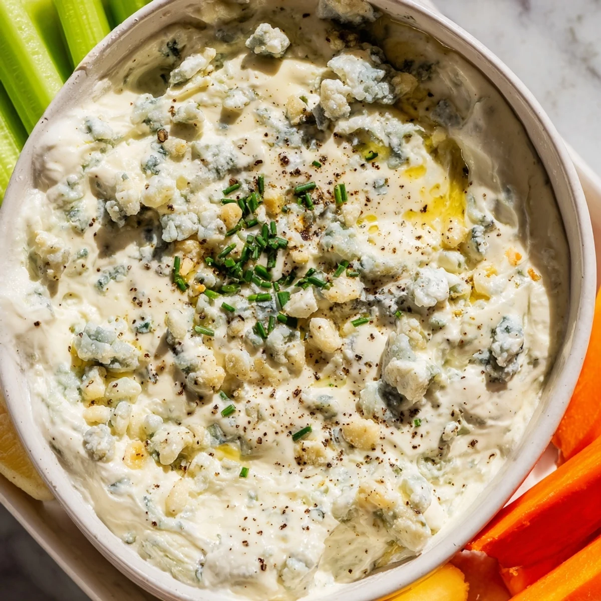 A bowl of rich, chunky blue cheese dip surrounded by crisp celery and carrot sticks ready for dipping.