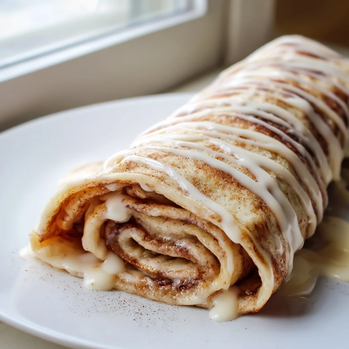 Warm cinnamon roll protein crepes rolled with sweet spiced filling and tangy glaze