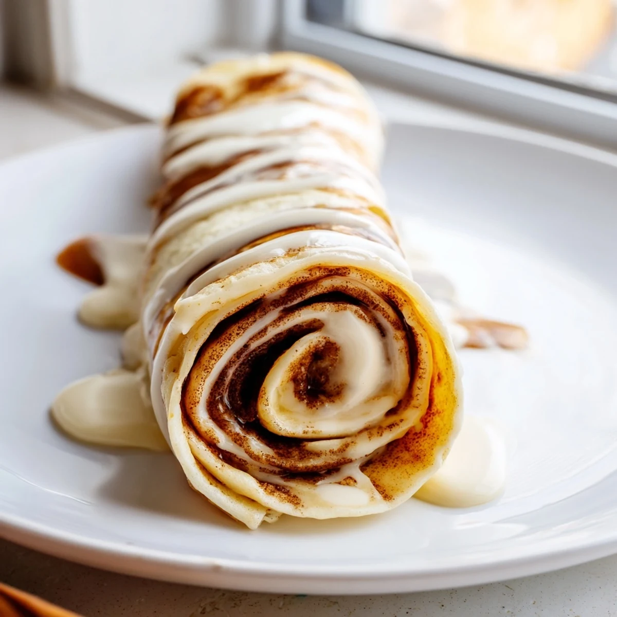 Cinnamon Roll Protein Crepes drizzled with cream cheese glaze on a white plate