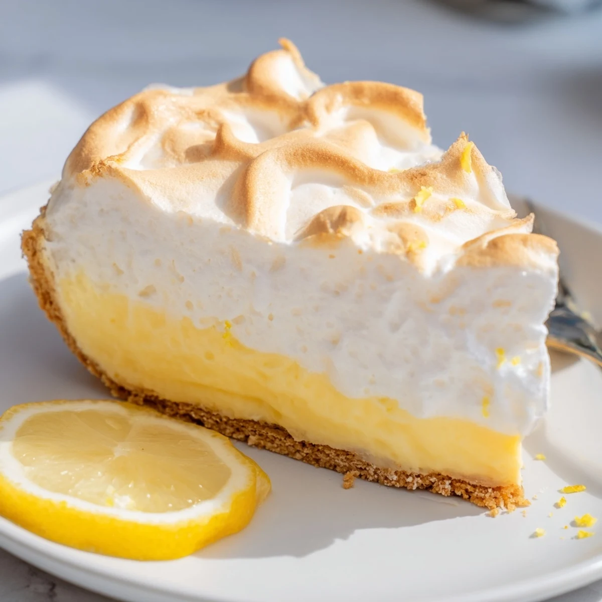 Silky bright lemon filling in a real lemon pie recipe finished with toasted meringue peaks