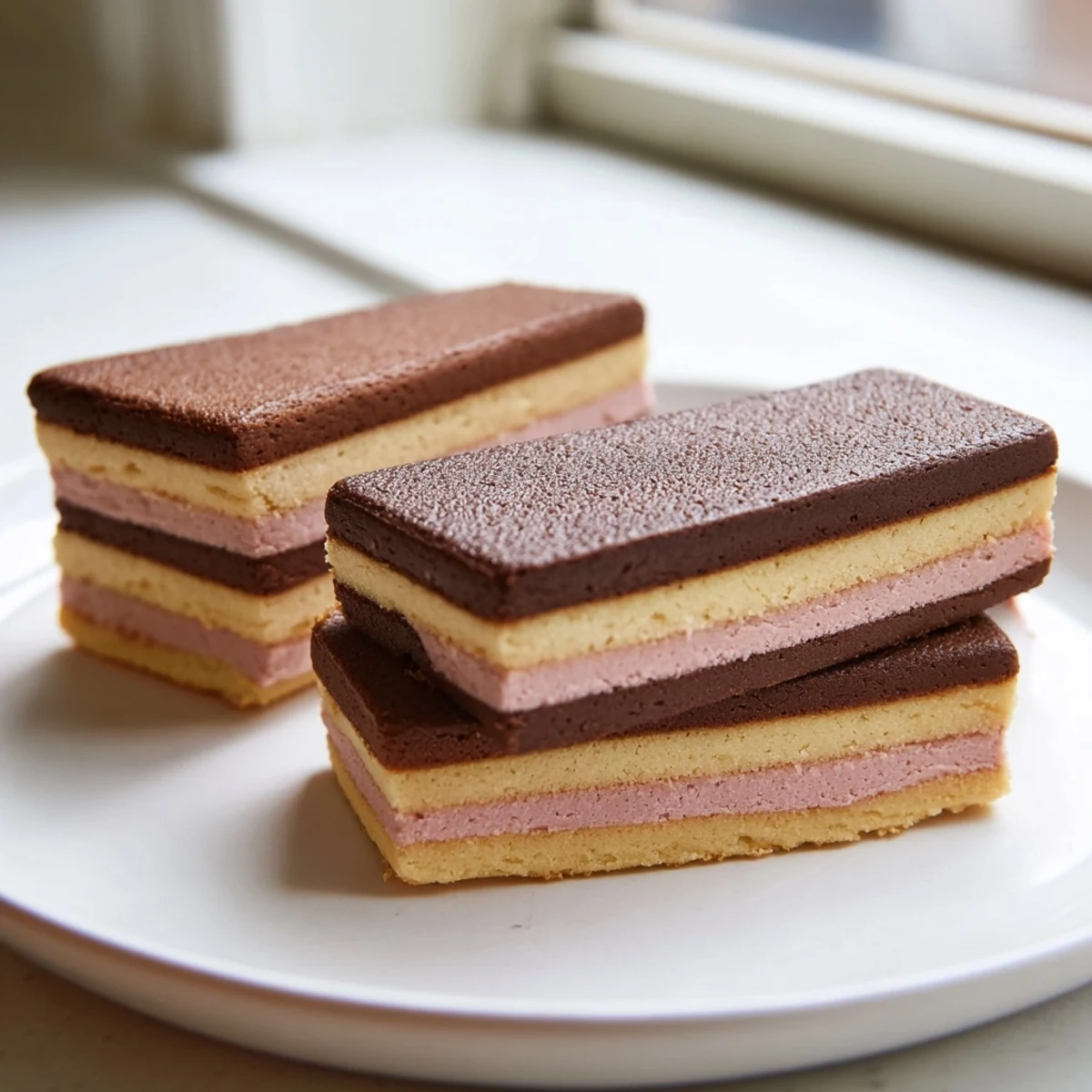 Colorful Neapolitan Cookies with chocolate, vanilla, and strawberry dough sliced and freshly baked on a parchment-lined sheet.