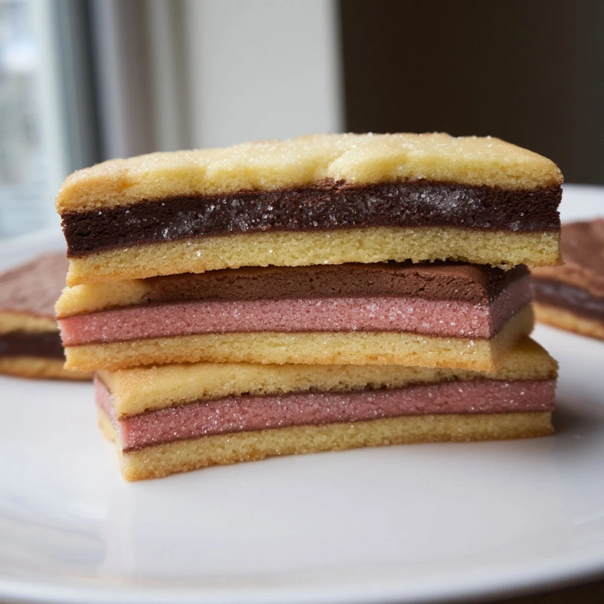 Tri-colored Neapolitan Cookies stacked on a wire cooling rack showing swirls of pink, brown, and golden vanilla layers.