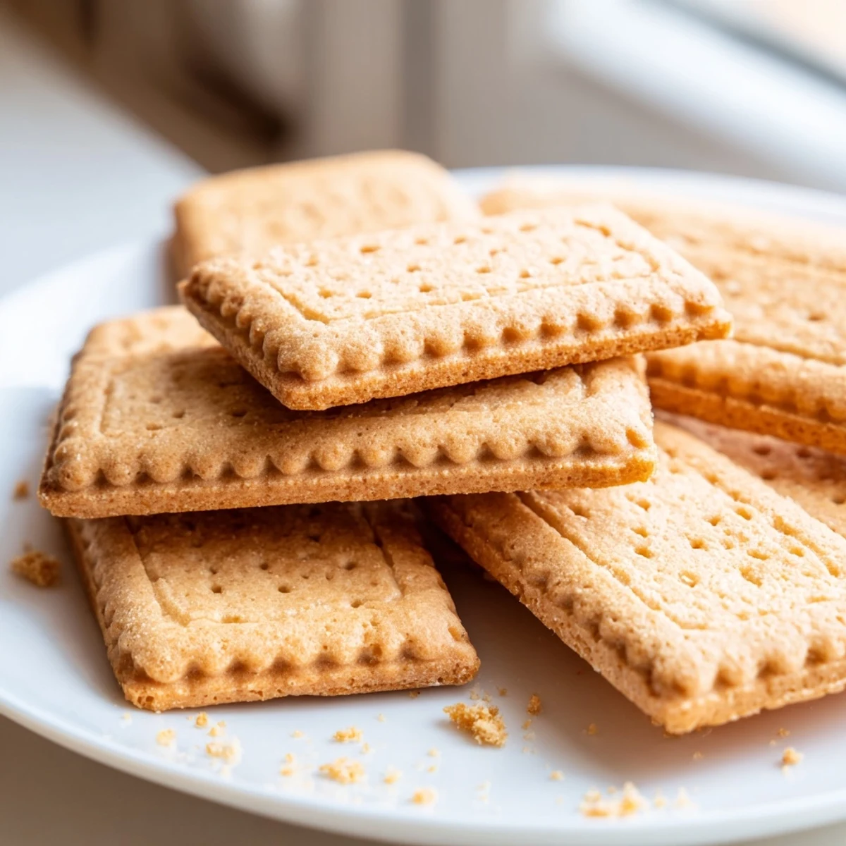 Golden French Petit Beurre cookies arranged on a rustic linen napkin beside tea