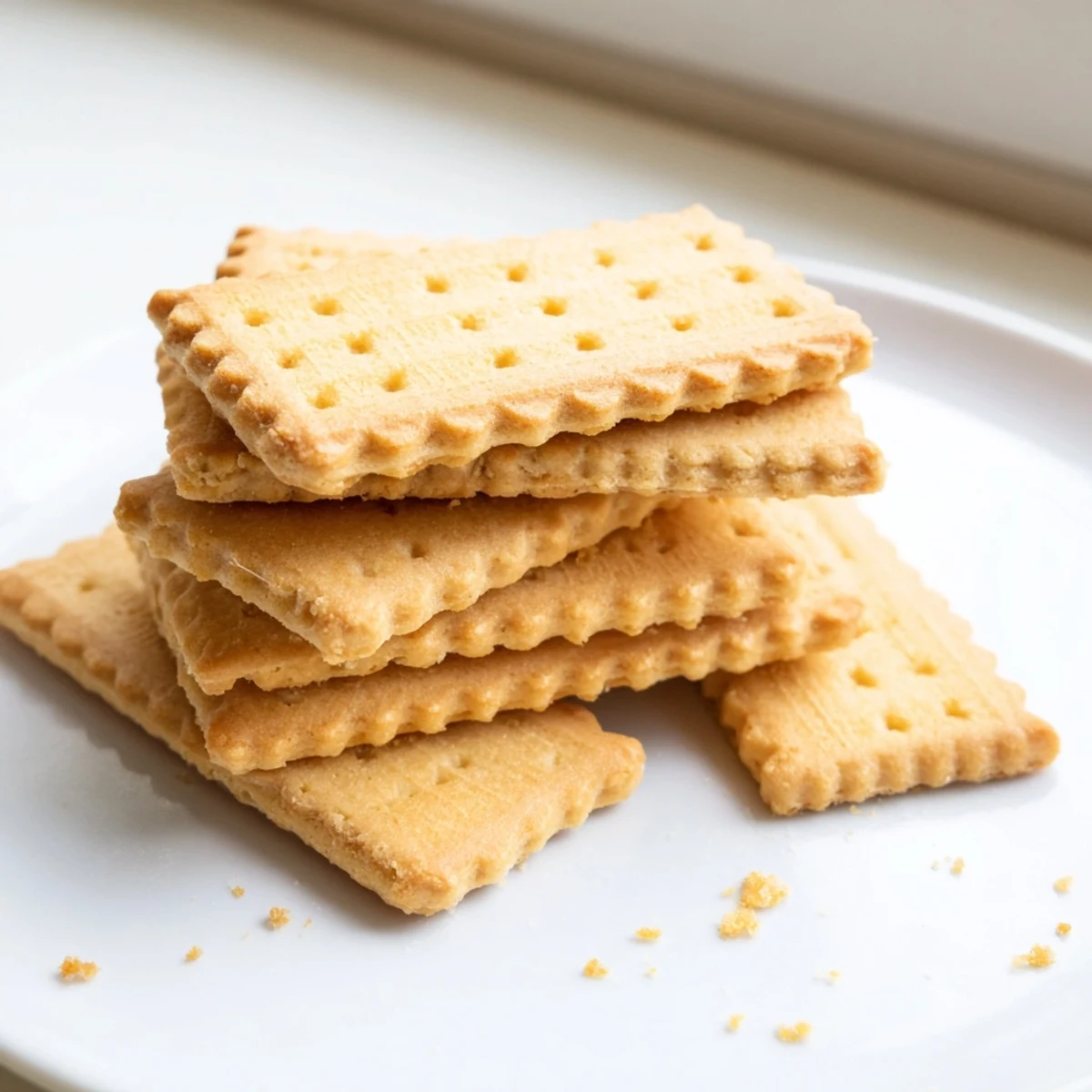 Classic Petit Beurre shortbread cookies with fork marks stacked in a glass jar