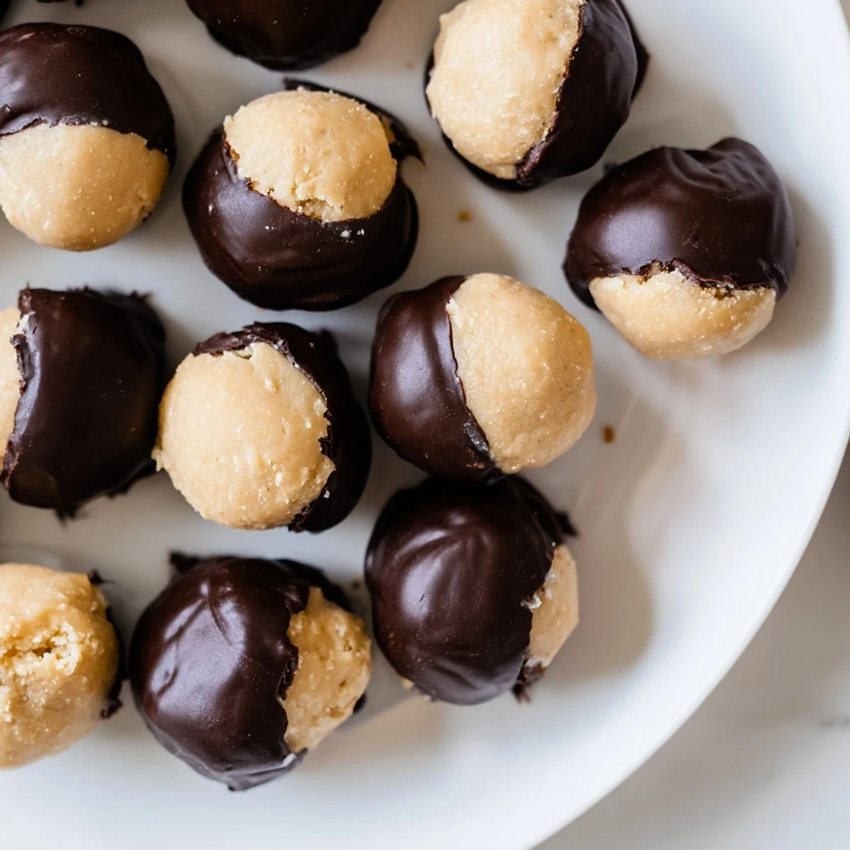 Glossy chocolate-dipped buckeye cookies with creamy peanut butter centers on parchment paper