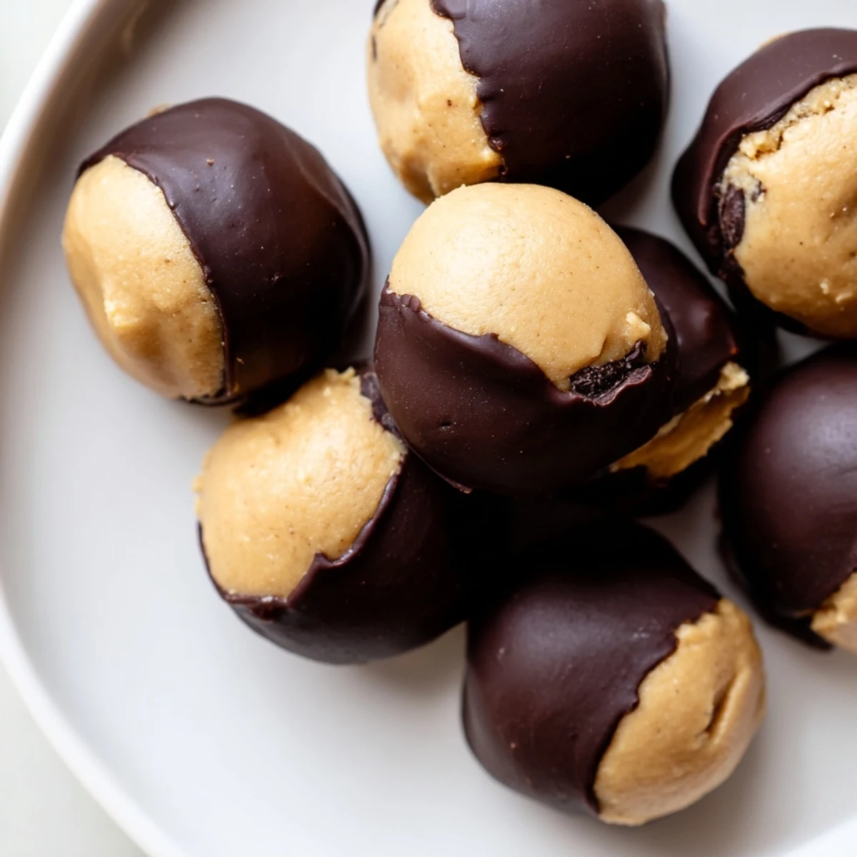 Handheld buckeye cookies revealing smooth peanut butter filling beneath a crisp dark chocolate shell